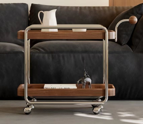 Nordic Modern Low Side Table Trolley Trolly With Wheels Stainless Steel Frame Solid Wood Handle