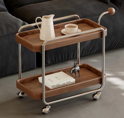 Nordic Modern Low Side Table Trolley Trolly With Wheels Stainless Steel Frame Solid Wood Handle
