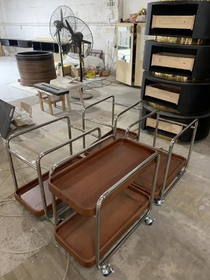 Nordic Modern Low Side Table Trolley Trolly With Wheels Stainless Steel Frame Solid Wood Handle