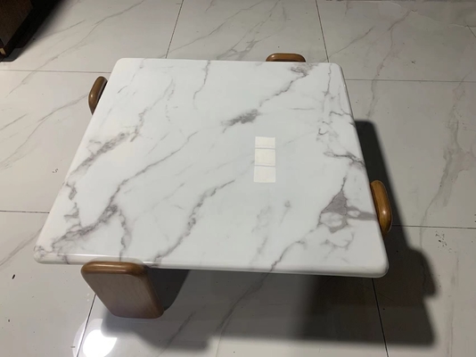 indoor Square Carrara White Marble Coffee Table with White Wax Solid wood Legs
