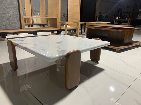 indoor Square Carrara White Marble Coffee Table with White Wax Solid wood Legs
