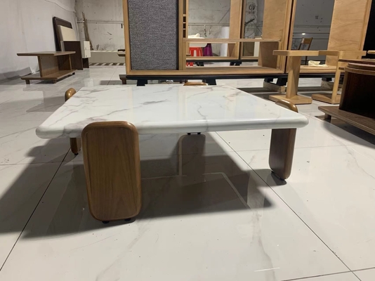 indoor Square Carrara White Marble Coffee Table with White Wax Solid wood Legs