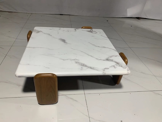 indoor Square Carrara White Marble Coffee Table with White Wax Solid wood Legs