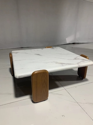indoor Square Carrara White Marble Coffee Table with White Wax Solid wood Legs